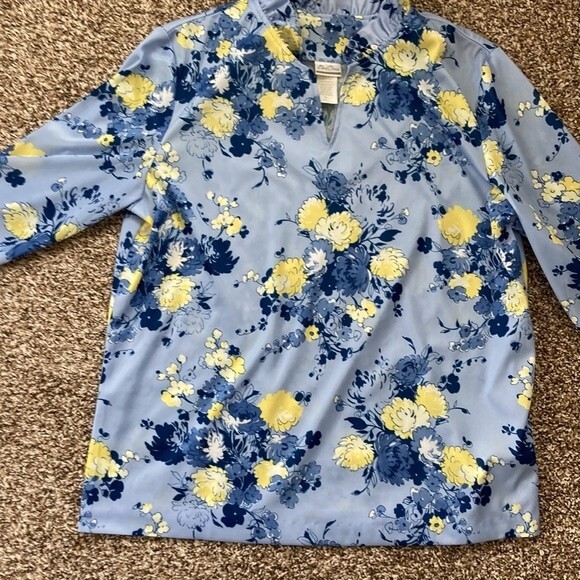 Vintage Bend Over Blue Yellow Floral Ruffle Vneck Blouse Large - Picture 9 of 11